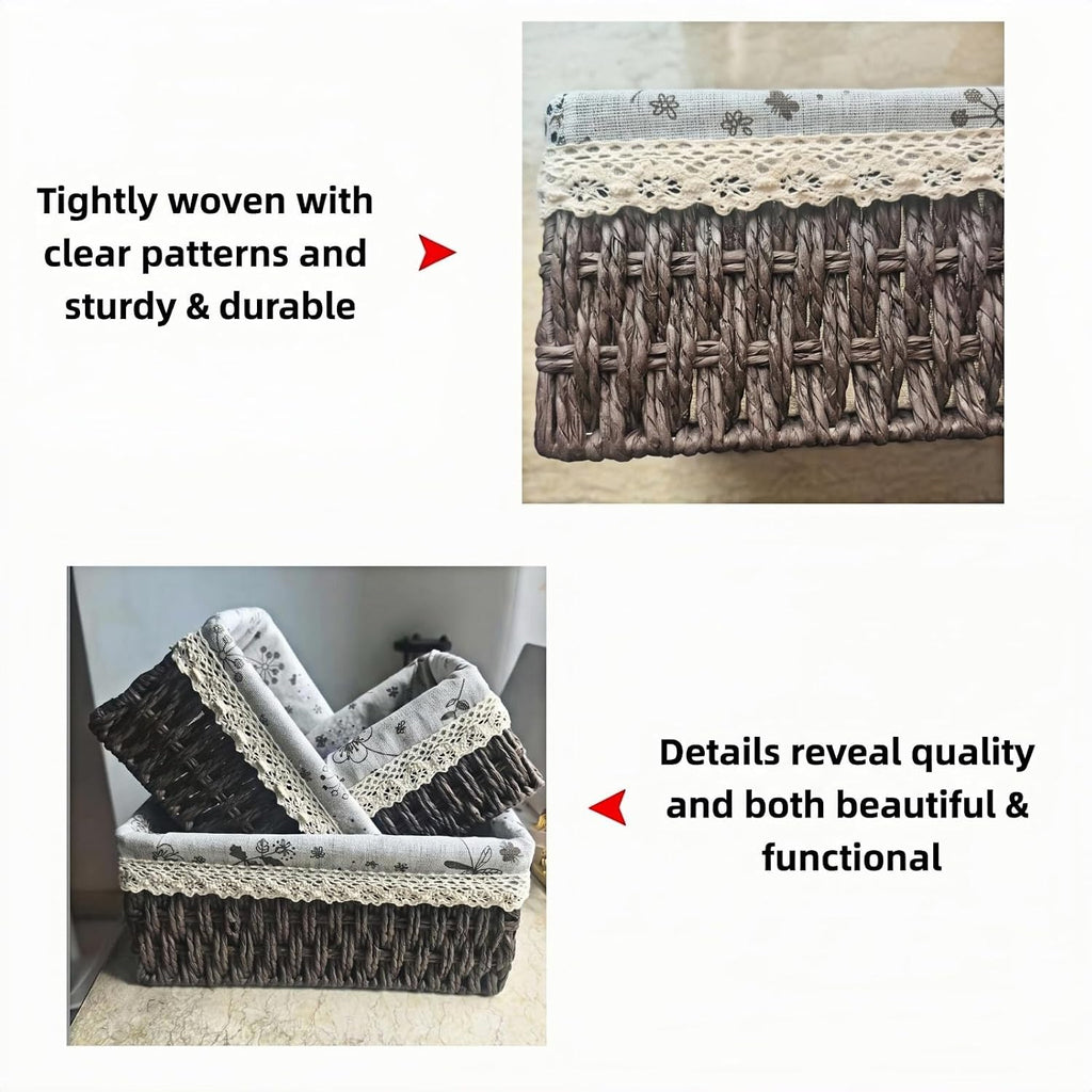 Wicker Woven Baskets With Liner, 3Packs Small Square Decorative Shelf Basket Storage And Organizing (coffee)