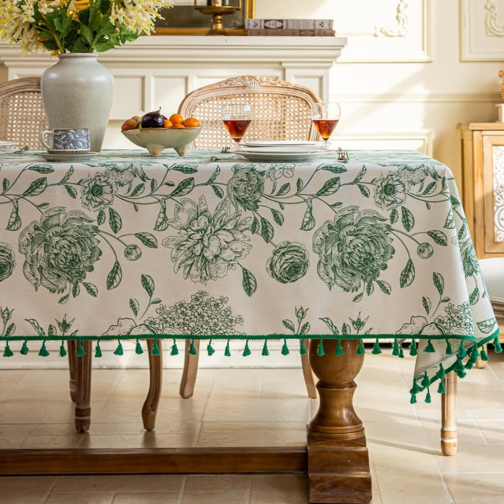 Boho Tassel Tablecloth Cotton Linen Floral Tablecloths and Dining Table Covers Home Decor, Rectangul