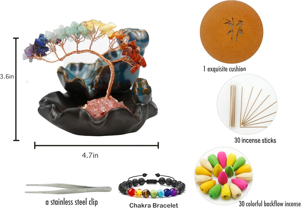 Chakras Backflow Incense Burner, Crystal Tree Incense Waterfall Fountain, Cone Incense Holde, Living Room Shelf