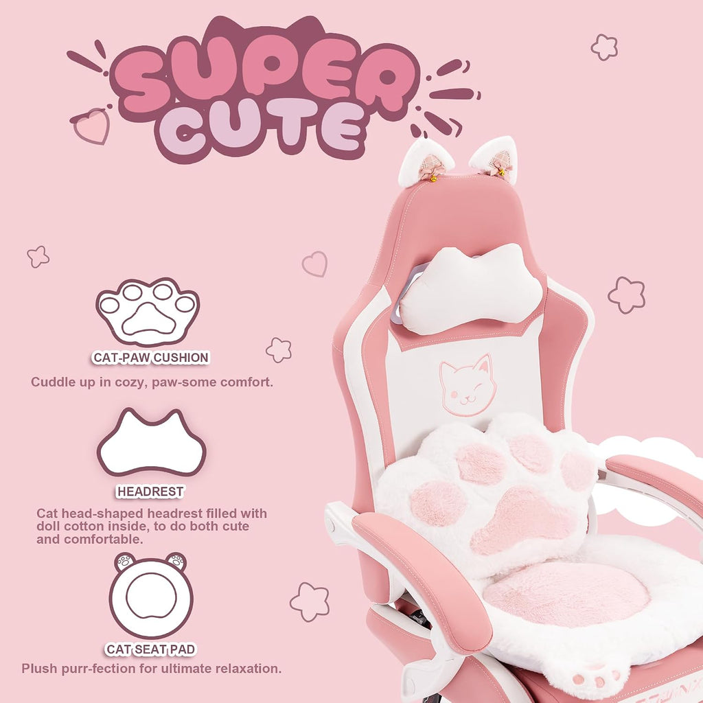 Pink Gaming Chair with Cat Ears and Massage Lumbar Support, Ergonomic Computer Chair with Footrest and Headrest