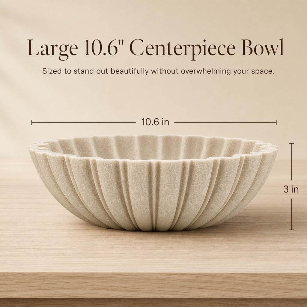 Decorative Bowl Decor, 10.6" Large Modern Beige Scalloped Fruit Bowl for Coffee Table, Entryway Table, Kitchen