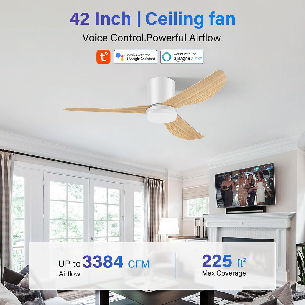 42 Inch Smart Ceiling Fans with Lights Remote,Low Profile Ceiling Fan Control with WIFI Voice Alexa App