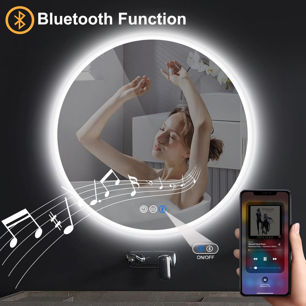 S·BAGNO 36’’ Round LED Bathroom Mirror with Lights, Backlit and Front Lighted, Anti-Fog Wall-Mounted Vanity