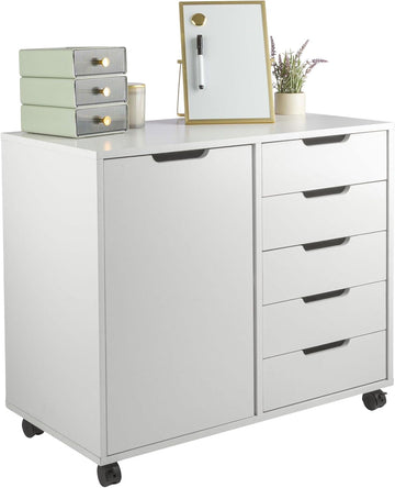 5 Drawer Office Storage Cabinet - Wooden Lateral File Cabinet with 5 Drawers, Door, and Adjustable Shelves - Rolling
