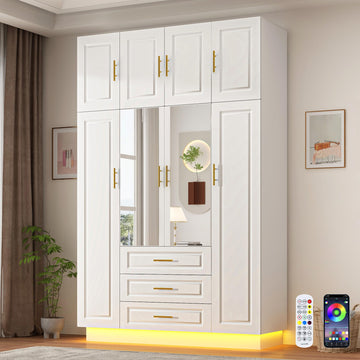 Large Armoire Wardrobe Closet Cabinet with Drawers and LED Lights, Multi-Tier Shelves, Hanging Rod, Large Capacity