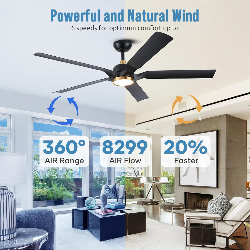 60 Inch Outdoor Ceiling Fan for Patios with Light, Black Gold Ceiling Fan with Long Downrods and Remote Control