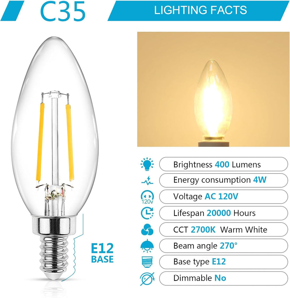 E12 LED Classic Candelabra Clear Light Bulb, 4W, Equivalent 40W, Warm White 2700K, Non-Dimmable, Filament Clear