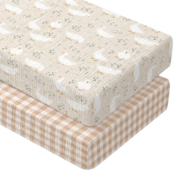 2 Pcs Muslin Silly Goose and Khaki Gingham Crib Sheets, 52"X 28"