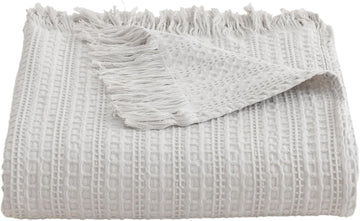 100% Cotton Waffle Blanket with Fringe, Pre-Washed Waffle Weave Blanket for All Season, Lightweight Breathable Soft