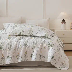 100% Cotton Bedspread Sets Queen(90"x98"), 3Pcs Cottagecore Aesthetic Floral Quilt Bedding Sets Breathable Yellow - Set of 3