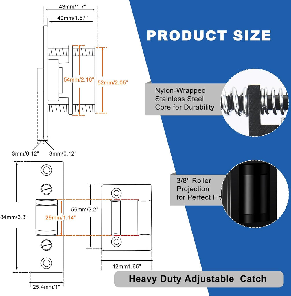 2 Pack Commercial Heavy Duty Door Roller Catch, Drive in Ball Catch with Strike Plate Solid Zinc Adjustable Silent Door