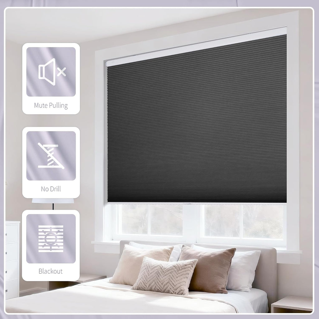 Cordless No Drill Blackout Honeycomb Shades - Thermal Insulation, UV Protection, Privacy, Room Darkening, Black 27" W