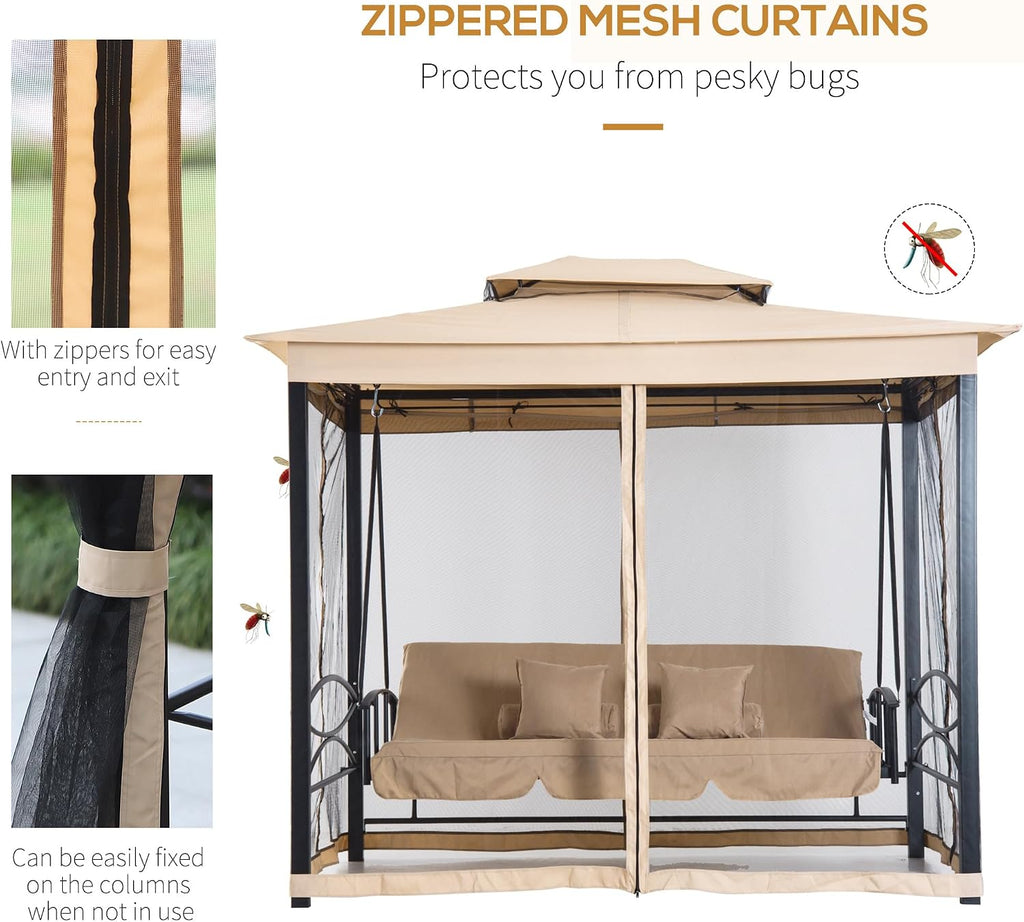 3-Seat Patio Swing Chair, Outdoor Gazebo Swing with Double Tier Canopy, Mesh Sidewalls, Cushioned Seat and Pillows