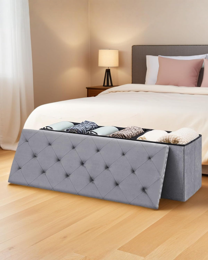 Velvet Storage Ottoman Bench, 43.3" Upholstered Tufted Ottoman with Storage, Folding Footrest Bench , or Entryway