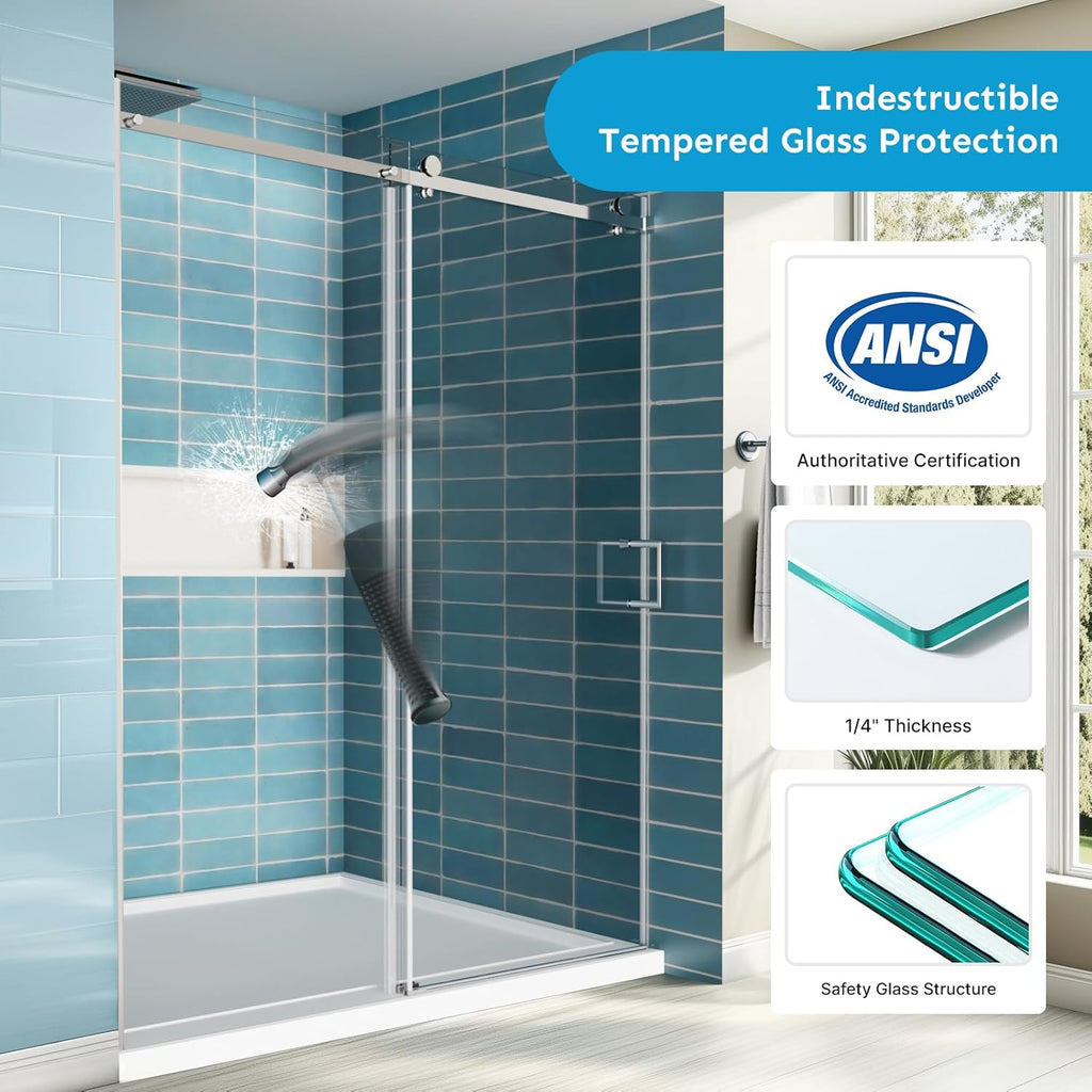 58-60" Wx72 H Frameless Reversible Single Sliding Shower Door, 1/4" Clear SGCC Tempered Glass