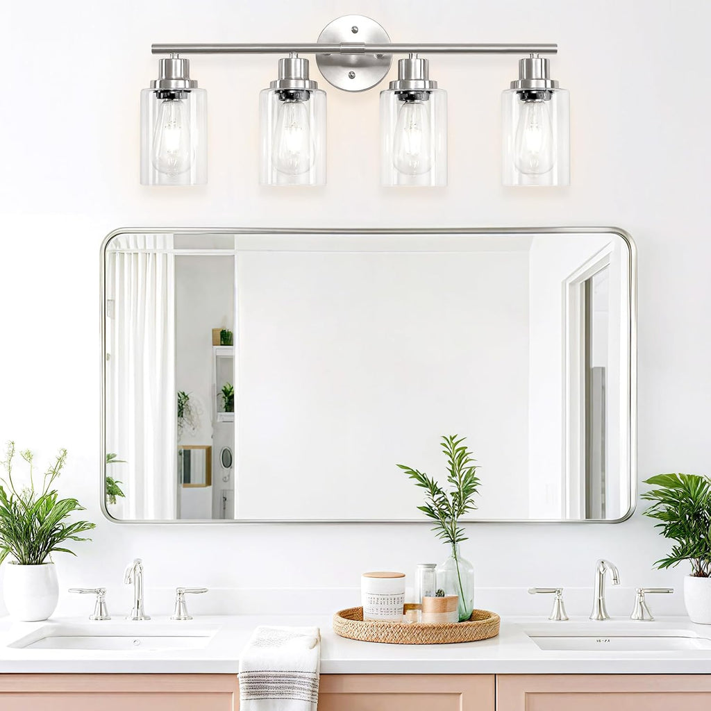 4-Light Nickel Bathroom Light Fixtures, E26 Modern Vanity Lights with Clear Glass Shade, Wall Lamps for Mirror