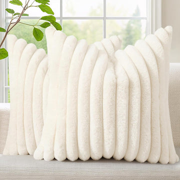 Summer Cozy Faux Fur Throw Pillow Covers 18x18 Set of 2 Decorative Soft Plush Striped Modern Farmhouse Boho Couch