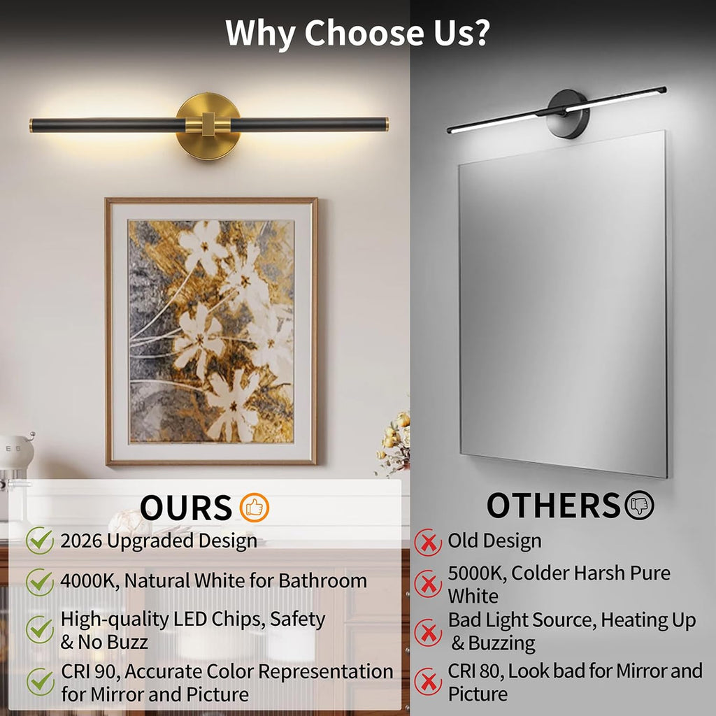 2026 Upgrade Vanity Lights, 24", Black and Gold Bathroom Light Fixture | 18W Brighter, 4000K, 360° Rotatable, CRI