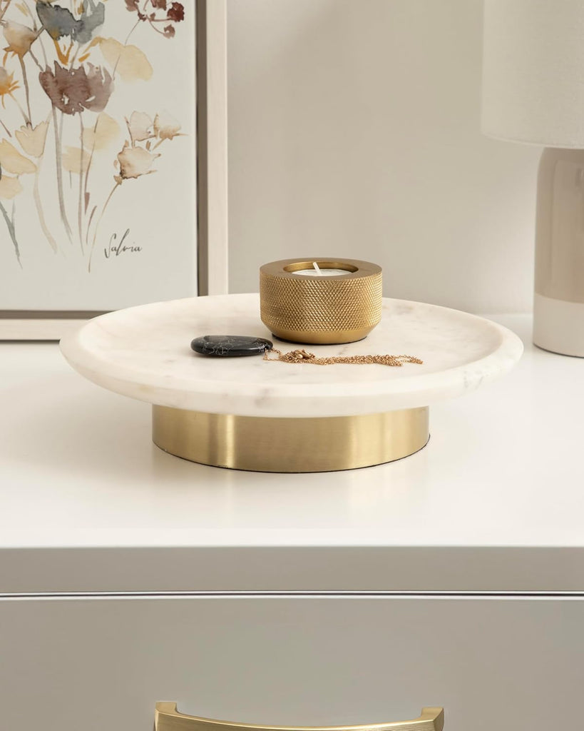 Sevienne Modern Glam Round Marble Tray, 10 Inch Diameter, White and Gold, Contemporary Scooped Pedestal Tray for Use