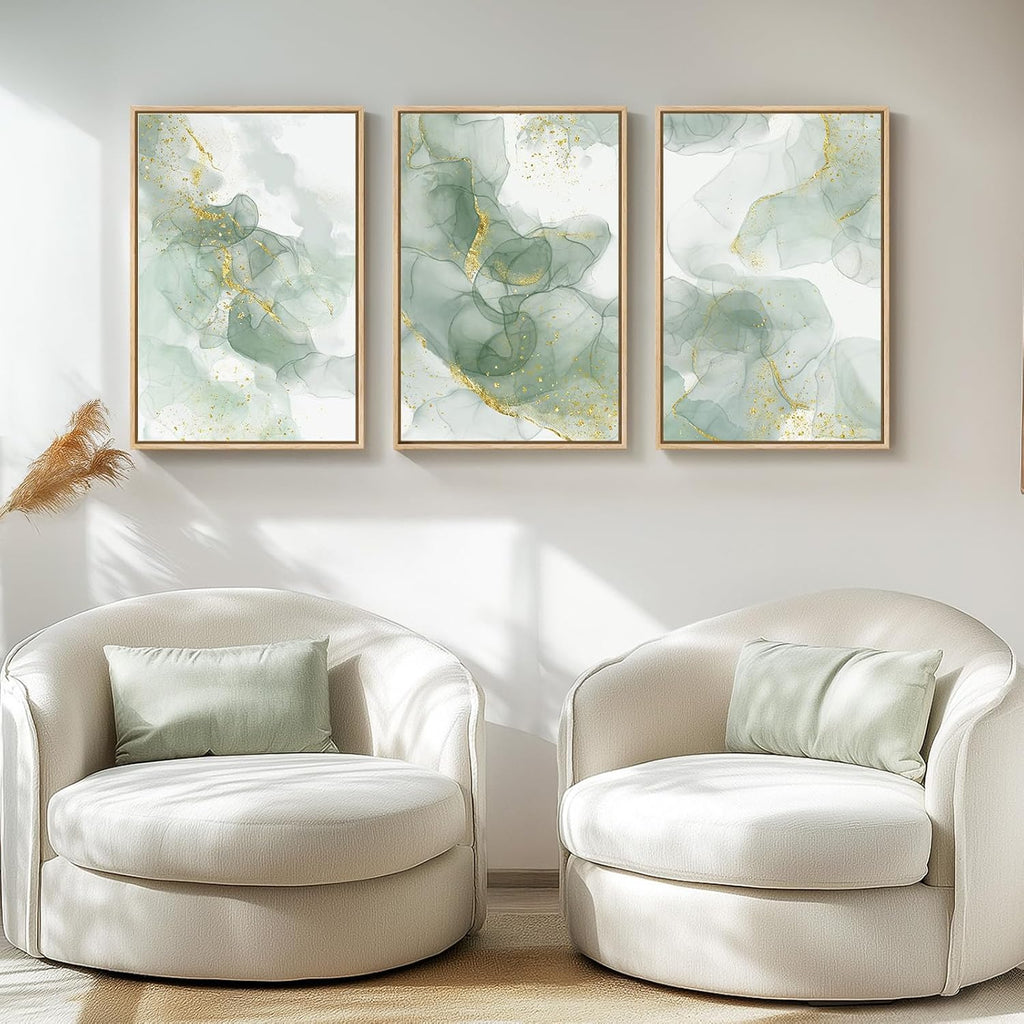 Framed Sage Green Abstract Wall Art, 3 Piece Modern Canvas Prints Paintings Artwork for Walls, Minimalist Green and