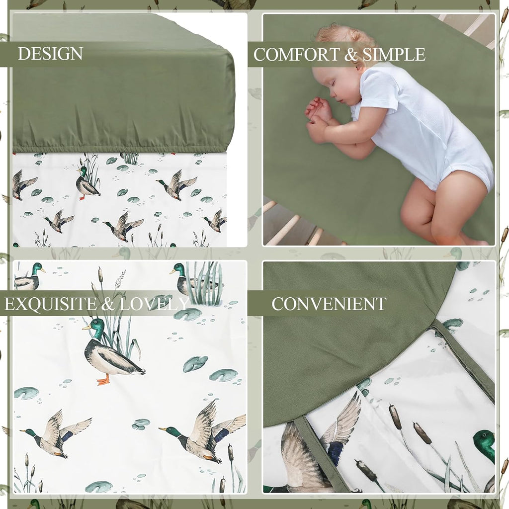 4 Piece Mallard Duck Crib Bedding Set Including Mallard Duck Crib Skirt, Blanket, Crib Sheet and Diaper Stacker, Soft