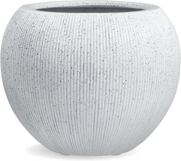 16" H x 20" D Premium Globo Fiberstone Planter - Speckled White | 13.5" Pot Opening, Ribbed, Included 2 Extra Coco