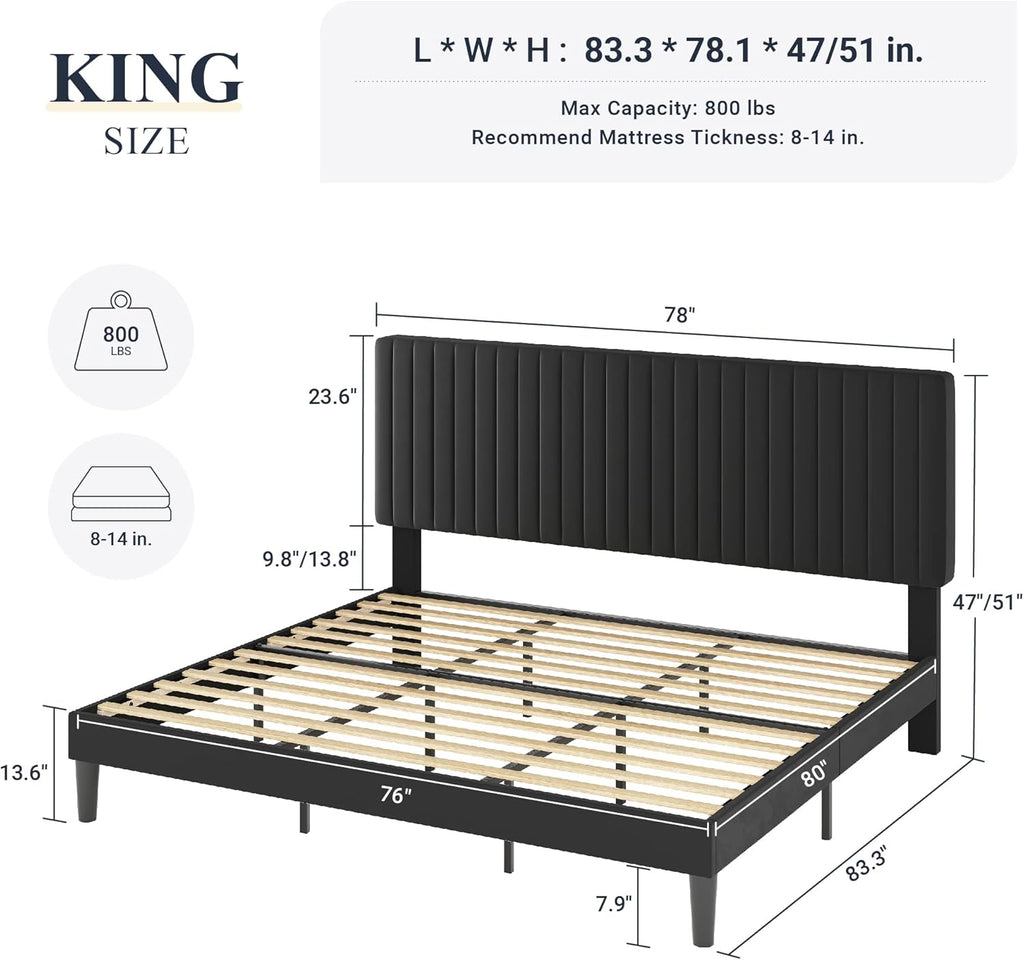 King Platform Bed Frame, Velvet Upholstered with Adjustable Vertical Channel Tufted Headboard