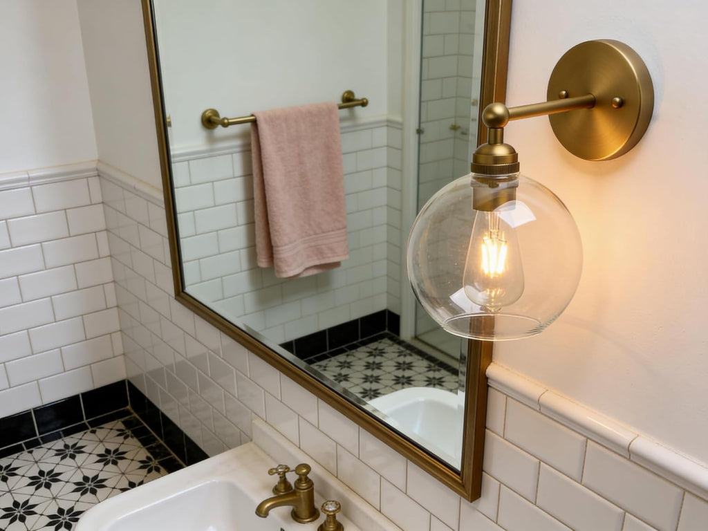 Antique Brass Vanity Bathroom Globe Glass Shade Wall Sconce | 1-Light Indoor Hardwired Wall Industrial Fixture Lights
