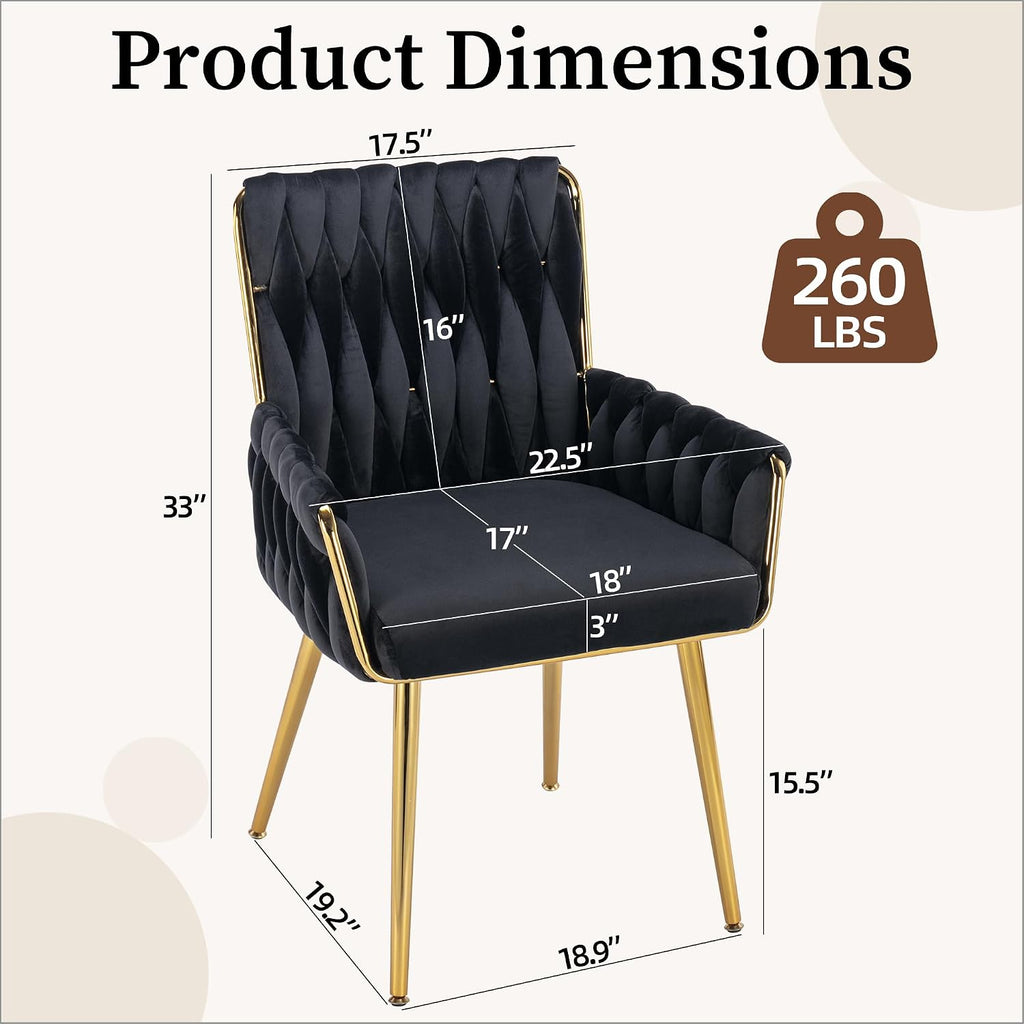 Home Office Desk Chair, Upholstered Hand Weaving Desk Chairs with Golden Metal Legs & Armrest, Modern Accent Chairs