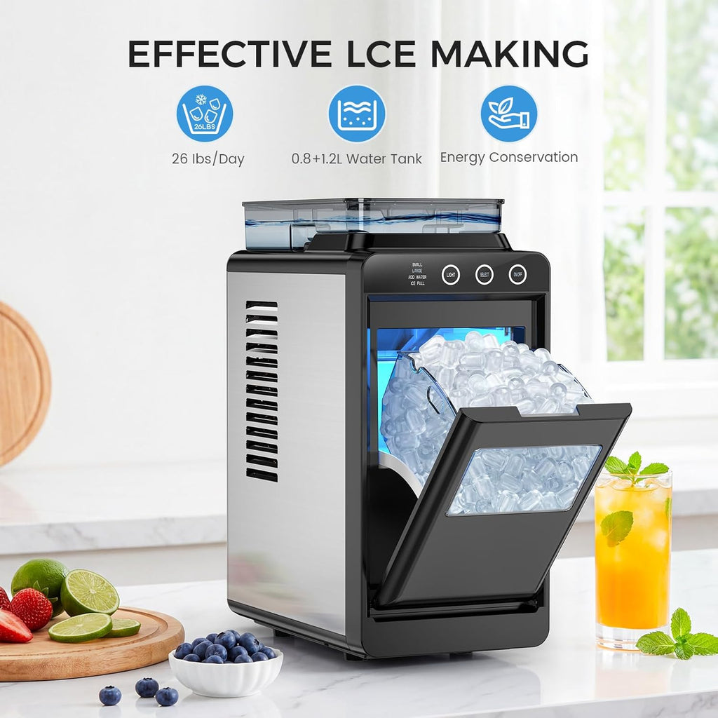 Ice Maker Countertop, Portable Ice Machine with External Water Tank, 8 Cubes in 6 Mins, 26 lbs/24Hrs, Self-Cleaning