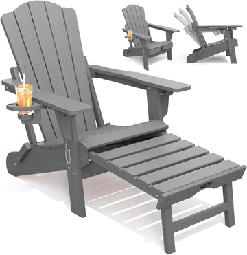 Folding Adirondack Chairs, Outdoor Patio Fire Pit Chairs | Adjustable HDPE Chairs with Footrest, Retractable Ottoman
