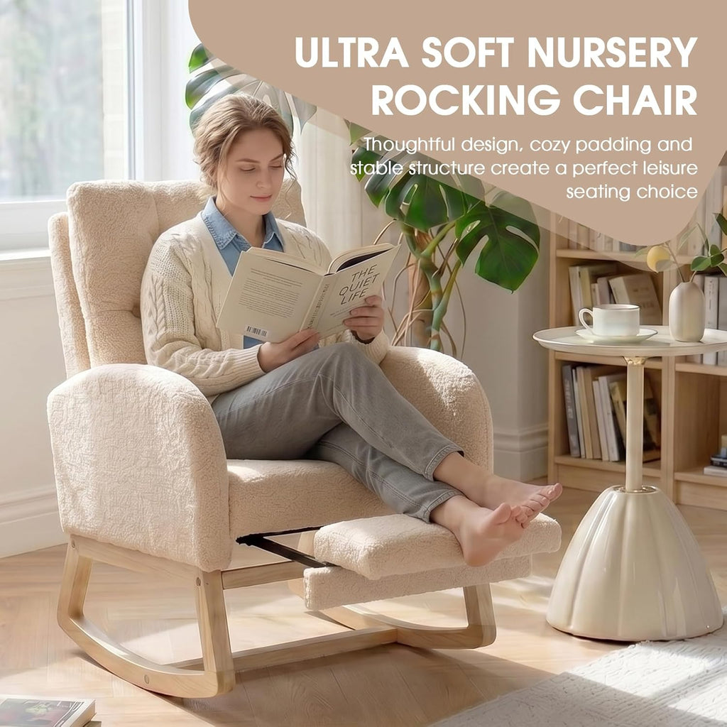 Modern Nursery Rocking Chair with Footrest, Teddy Upholstered Recliner Glider Chair with Diamond Shape Back, Tufted