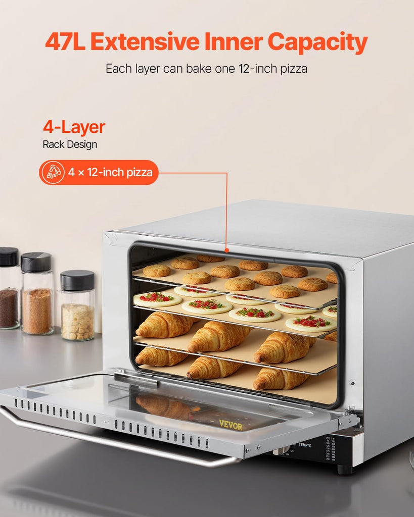 Commercial Convection Oven, 47L/43Qt, Half-Size Conventional Oven Countertop, 1600W 4-Tier Toaster w/Front Glass Door