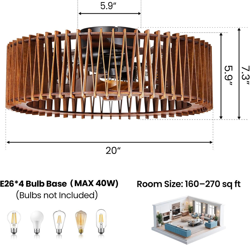 20" Flush Mount Caged Ceiling Fan with Light, Farmhouse Low Profile Ceiling Fan with Remote