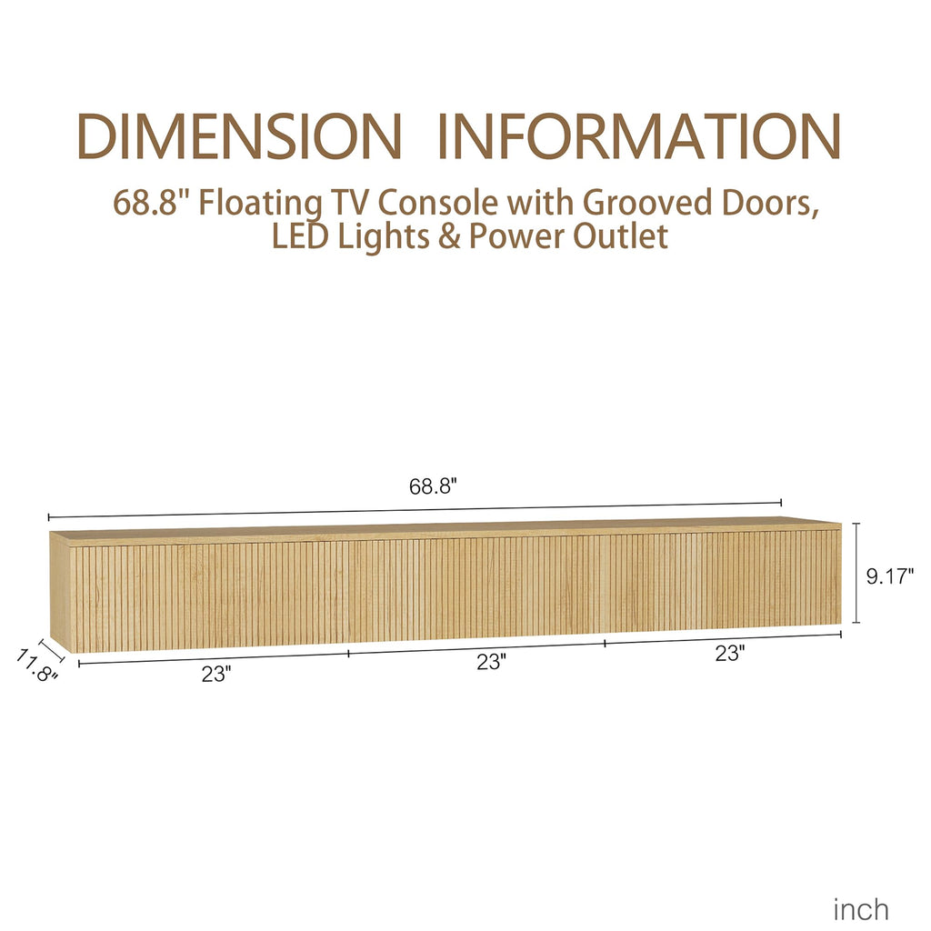 Natural Floating TV Stand, Fluted TV Console Wall Mounted, Floating Entertainment Center, Fluted TVs Cabinet Wood, Oak