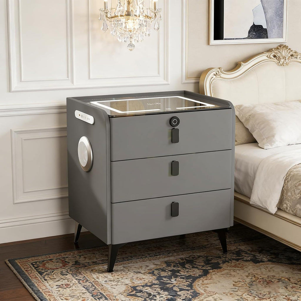Smart Nightstand with Wireless Charging, Nightstand with Fingerprint Lock Drawer, Night Stand with Charging Station,2
