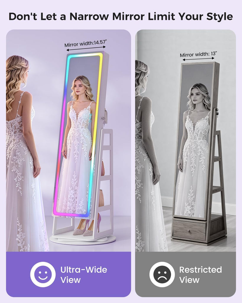 RGB Jewelry Cabinet with Full Length Mirror, 360° Rotating Lockable, 12-Zone Velvet Floor Standing Jewelry
