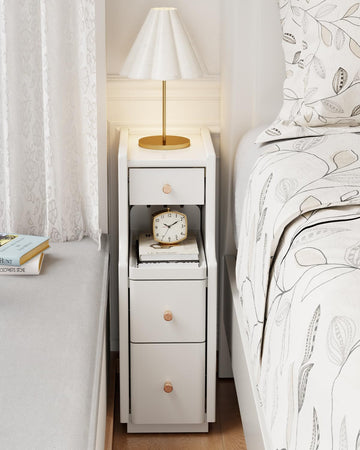 Solid Wood Narrow Nightstand with 3 Drawers, Modern White, Fully Assembled