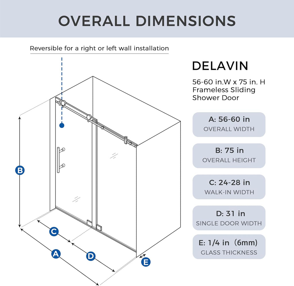 Frameless Shower Door, 56-60" W x 75" H Sliding Glass Shower Door