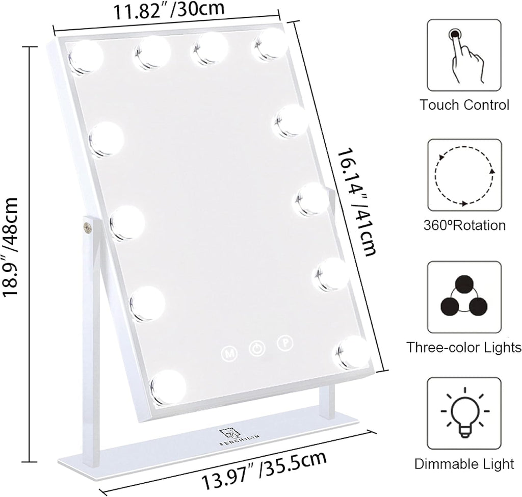 Vanity Mirror with Lights, 19''x12'' Makeup Hollywood Mirror for Desk with 12 Bulbs Light Smart Touch Control 3 Colors