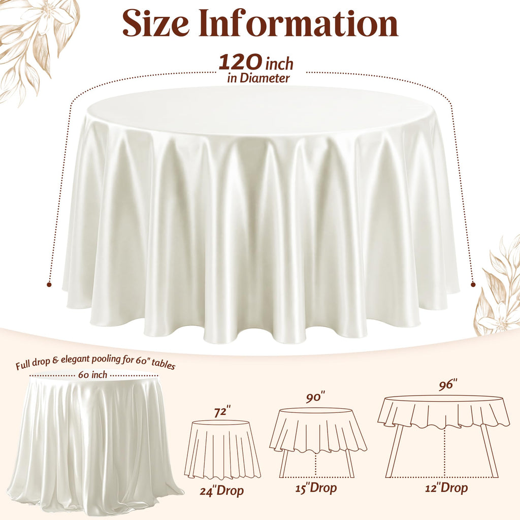 120 Inch Ivory Round Satin Tablecloth Overlay Seamless Table Cover