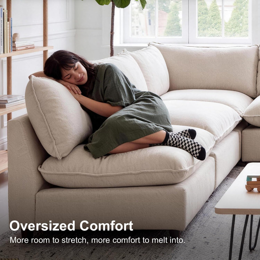 Modular Sectional Sofa, Oversized Chenille Cloud Couch, Deep Comfy Seat, 6-Seater Sofas Couches , Beige, High Feet