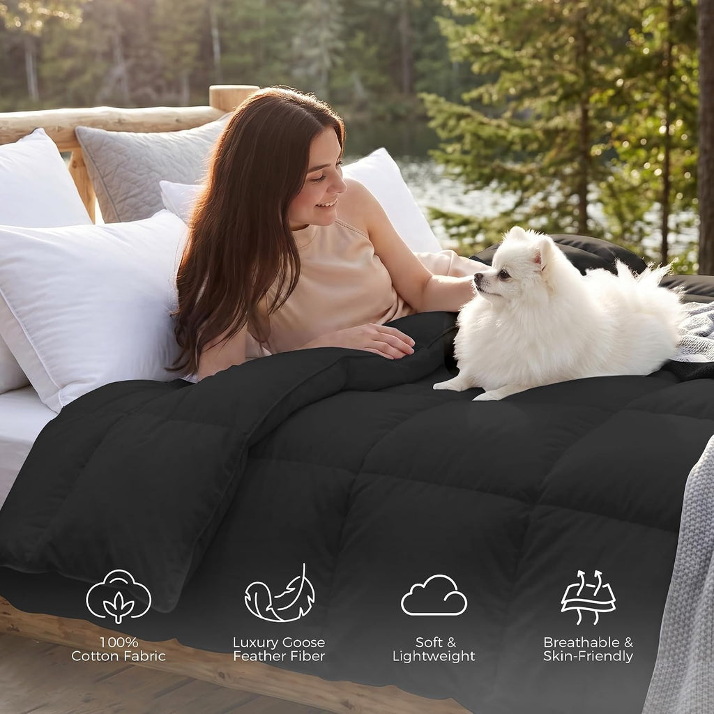 Goose Feather Down Fiber Comforter Twin, Lightweight 100% Cotton Duvet Insert Medium Warmth, Cloud Soft Hotel Luxury