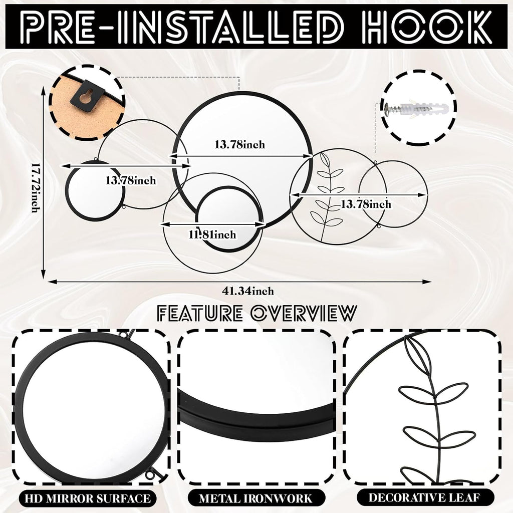 Wall Mirror Decorative 41.34'' x 17.72'' Round Modern Metal Wall Mirrors Set Circle Plates Overlapping Decorations