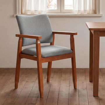 Mid Century Modern Walnut Dining Chairs Wood Arm Grey Fabric Kitchen Cafe Living Room Decor Furniture