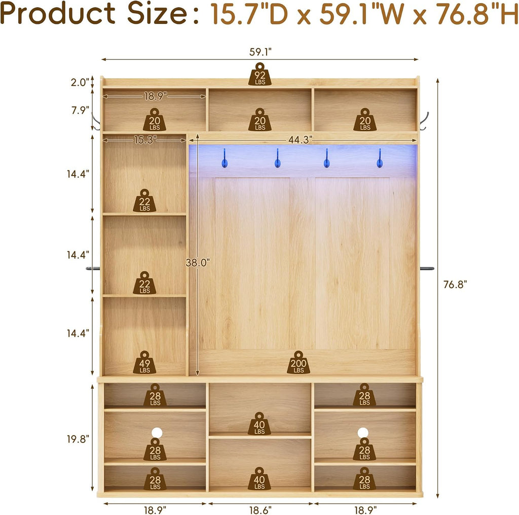 77"H 59"W Hall Tree with Bench and Shoe Storage, Entryway Bench with Coat Rack & 12 Hooks, Smart RGB LED Lighting