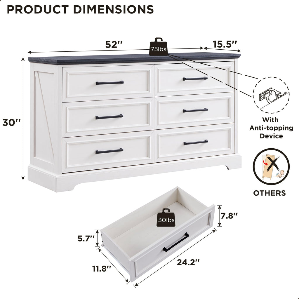52" Wide Farmhouse 6 Drawer Dresser, Off White