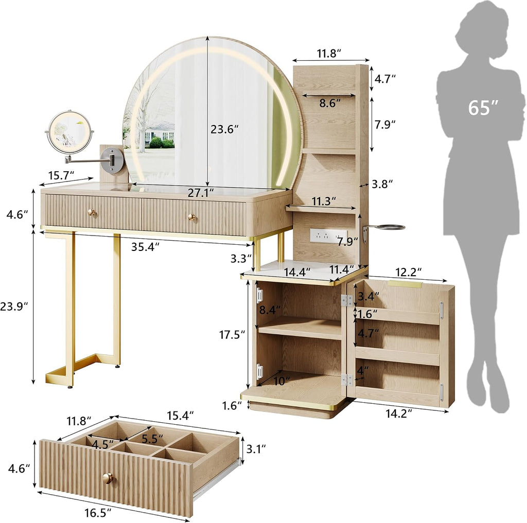 Vanity Desk w/5x Magnifying Mirror, Fluted Makeup Vanity w/Mirror and Lights, Glass Top Vanity, Dressing Table