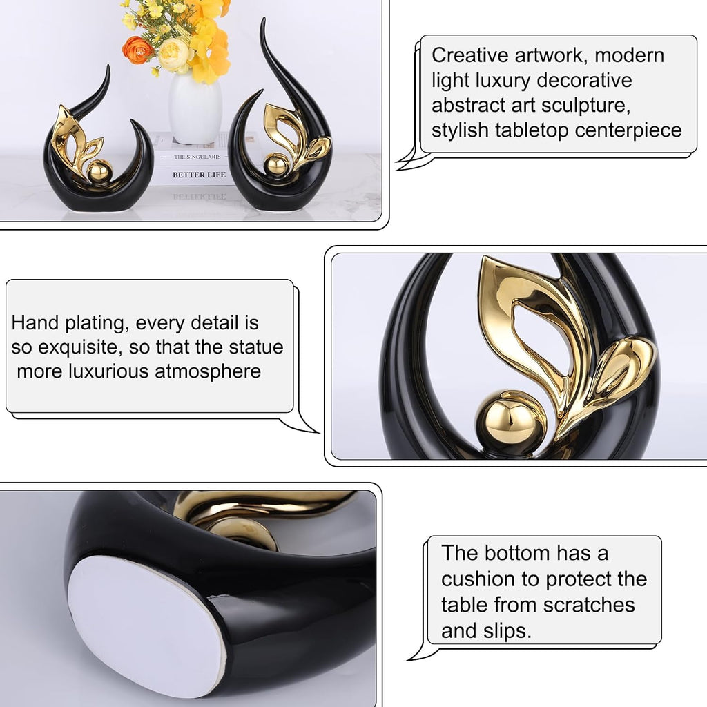 13" H Black Gold Abstract Sculptures Home Decor, Ceramic Art Statue Cool Stuff to Put on Shelves&tv Stand Decor, Gold