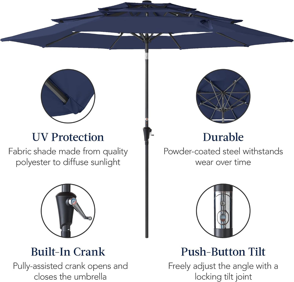 10ft 3-Tier Market Patio Umbrella, Outdoor Sun Shade with Tilt, Crank Lift, 8 Ribs - Navy Blue